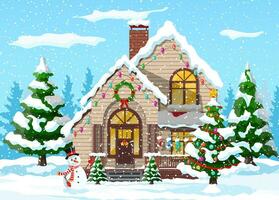 buitenwijk huis gedekt sneeuw. gebouw in vakantie ornament. Kerstmis landschap boom spar, sneeuwman. gelukkig nieuw jaar decoratie. vrolijk Kerstmis vakantie. nieuw jaar Kerstmis viering. vector illustratie