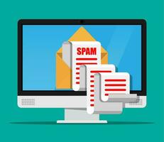 geel papier enveloppe en spam mail Aan computer scherm. lang e-mails. e-mail doos hacken, spam waarschuwing, virus en malware, netwerk veiligheid. vector illustratie in vlak stijl
