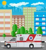 ambulance auto. noodgeval voertuig. ziekenhuis vervoer. gezondheidszorg, ziekenhuis en medisch diagnostiek. urgentie en noodgeval Diensten. stadsgezicht, gebouwen, lucht, zon. vector illustratie in vlak stijl