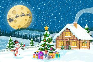 buitenwijk huis gedekt sneeuw. gebouw in vakantie ornament. Kerstmis landschap boom, sneeuwman, de kerstman slee rendieren. nieuw jaar decoratie. vrolijk Kerstmis vakantie Kerstmis viering. vector illustratie