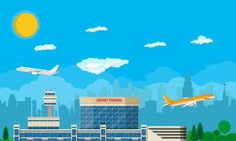 vliegtuig bovenstaand de grond. luchthaven controle toren, terminal gebouw en parkeren Oppervlakte. stadsgezicht. lucht met wolken en zon. vector illustratie in vlak stijl
