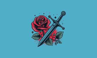 zwaard en rood roos vector illustratie tatoeëren ontwerp