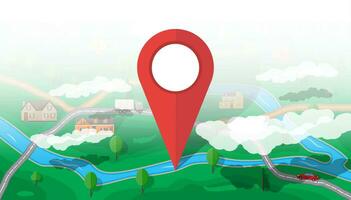 buitenwijk kaart met huizen met auto, bomen, weg, rivier, berg, lucht en wolken. rood route pin. GPS en navigatie. dorp. vector illustratie in vlak stijl