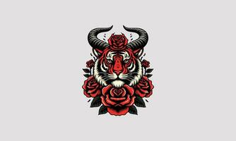 hoofd tijger met toeter en roos vector tatoeëren ontwerp