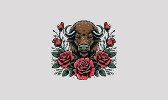 hoofd buffel en rood roos vector artwork ontwerp