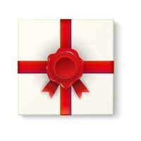 wit Cadeau doos verzegeld met rood lint en was- rood zegel. top visie. voor speciaal evenementen, groeten kaart. vector illustratie