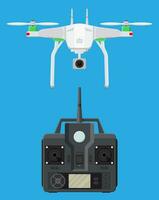 afgelegen gecontroleerd antenne drone. quadcopter dar met camera voor fotografie of video. hedendaags onbemande vliegtuigen. afgelegen controle paneel met Scherm en stokken. vector illustratie in vlak stijl