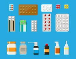 geneeskunde pillen capsules en flessen geïsoleerd Aan blauw achtergrond. tablets in vlak stijl. medisch pictogrammen set. vector illustratie