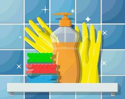 fles van wasmiddel, spons en rubber handschoenen. accessoires voor het wassen gerechten en huis schoonmaak. afwassen. vector illustratie in vlak stijl