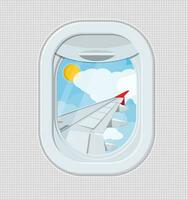 venster van binnen de vliegtuig. vliegtuig patrijspoort Luik en vleugel. lucht, zon en wolken achter een bord. lucht reis of vakantie concept. vector illustratie in vlak stijl