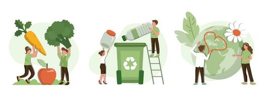mensen verzamelen plastic uitschot in recycling vuilnis bak, proberen naar opslaan planeet aarde en in aansluiting op veganistisch eetpatroon. duurzame levensstijl set. vlak tekenfilm vector illustratie en pictogrammen set.