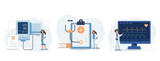 hart ziekte screening en diagnostisch illustratie set. dokter cheques bloed druk en onderzoeken kardiogram en pulse Aan ekg monitor. gezondheidszorg en geneeskunde concept. vector illustratie.