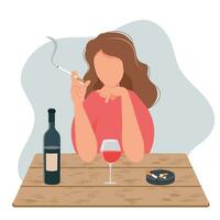 verdrietig meisje is zittend Bij de tafel, roken en drinken alcohol. fles van wijn, vuil asbakje Aan de tafel. depressie, spanning. alcohol en nicotine verslaving, schadelijk gewoonte. vector illustratie