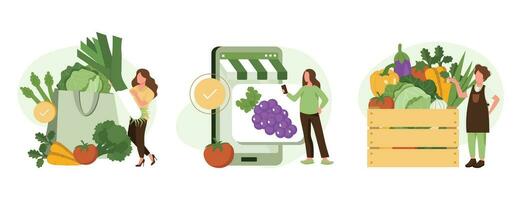 kruidenier groenten illustratie set. karakter buying online vers biologisch groenten, zetten in boodschappen doen mand en vegetarisch doos levering. lokaal productie ondersteuning concept. vector illustratie.