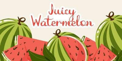 zomer achtergrond met tekst sappig watermeloen. plakjes en geheel tropisch fruit of BES. gezond voedsel concept. tekenfilm vector illustratie voor banier, poster, folder, kaart