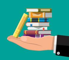 stapel van boeken in hand. lezing opleiding, e-boek, literatuur, encyclopedie. vector illustratie in vlak stijl