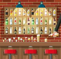 drinken vestiging. interieur van kroeg, cafe of bar. bar balie, stoelen en schappen met alcohol flessen. bril, lamp. houten en steen decor. vector illustratie in vlak stijl