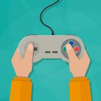 handen Holding bedrade oud school- gamepad. vector illustratie in vlak ontwerp Aan groen achtergrond