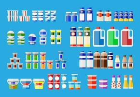 melk producten in divers pakketjes. traditioneel zuivel producten pictogrammen. yoghurt, melk, room, nagerecht, kaas, zure room. vector illustratie in vlak stijl