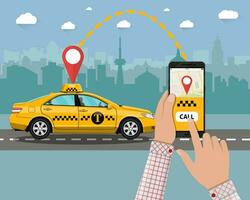 geel taxi taxi. handen met smartphone en taxi sollicitatie, stad silhouet met wolkenkrabbers en toren, lucht met wolken. vector illustratie in vlak stijl