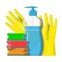 fles van wasmiddel, spons en rubber handschoenen. accessoires voor het wassen gerechten en huis schoonmaak. afwassen. vector illustratie in vlak stijl