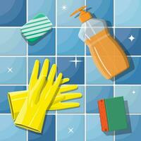 fles van wasmiddel, spons, zeep en rubber handschoenen. accessoires voor het wassen gerechten en huis schoonmaak. afwassen. vector illustratie in vlak stijl