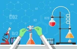 wetenschap experiment in laboratorium. lboratorium apparatuur, potten, bekers, kolven, microscoop, geest lamp. biologie wetenschap onderwijs medisch vector illustratie in vlak stijl