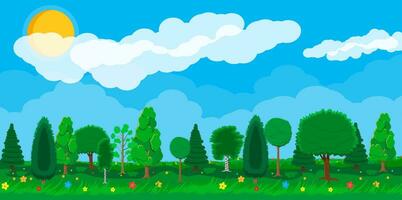 zomer natuur landschap, Woud, gras, bloem, lucht en wolken. nationaal park. vector illustratie in vlak stijl