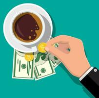 kop met koffie, contant geld en munten vector