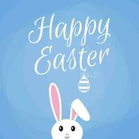 Pasen tekenfilm wit konijn kaart, gelukkig Pasen teken met ei, konijn Aan blauw achtergrond, vector illustratie in vlak ontwerp