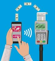 pos terminal bevestigt de betaling door smartphone. nfc betalingen concept. vector illustratie in vlak ontwerp