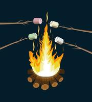 vreugdevuur met heemst. logboeken en brand. camping, brandend houtstapel in nacht. vector illustratie in vlak stijl