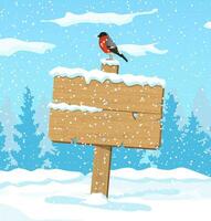 houten uithangbord tegen winter landschap met pijnboom Woud goudvink en sneeuwval. winter landschap met Spar bomen Woud en sneeuwen. nieuw jaar viering Kerstmis vakantie. vector illustratie vlak stijl