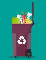 voedsel verspilling vuilnis bak houder vol van rommel voedsel. salade, visgraat, bot, appel, kaas. vector illustratie in vlak stijl