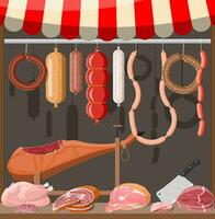 vlees straat markt. vlees op te slaan kraam. slager winkel of vitrine balie. worst plakjes Product. delicatessen gastronomisch Product van rundvlees varkensvlees kip. peperoni salami. vector illustratie vlak stijl