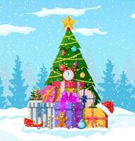 Kerstmis achtergrond. Kerstmis boom met slingers en ballen, geschenk dozen. winter landschap Spar bomen Woud sneeuwen. gelukkig nieuw jaar viering. nieuw jaar Kerstmis vakantie. vector illustratie vlak stijl