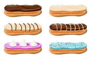 eclair brouwen taart set. zoet eclair met chocola glazuur en vla room. smakelijk nagerecht. brood gebakken voedsel. bakkerij winkel, gebakje. vector illustratie in vlak stijl