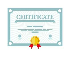 certificaat sjabloon. diploma of accreditatie met geel postzegel en rood linten. tegoedbon of uitnodiging. diploma uitreiking concept. vector illustratie in vlak stijl