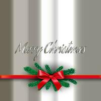 glanzend zilver Kerstmis kaart met decoratief elementen van naald- takken en rood lint met boog, sjabloon voor groet of post- kaart, vector illustratie