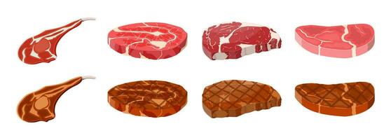 verzameling van gebakken steaks. rundvlees lende. varkensvlees knokkel. plak van steak, vers vlees. ongekookt varkensvlees karbonade. vector illustratie in vlak stijl