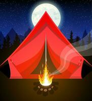 weide met camping in nacht. tent, vreugdevuur, bergen, bomen, lucht, maan en sterren. vector illustratie in vlak stijl