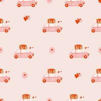 naadloos patroon met auto leveren een geschenk. Valentijnsdag dag. februari 14. 8 maart, Internationale gelukkig vrouwen dag. liefde concept. hand- getrokken vector illustratie