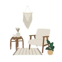 leven kamer ontwerp. interieur met fauteuil, koffie tafel, tapijt, huis fabriek. huis decoratie. ontwerp van een knus huis. geïsoleerd vector illustratie