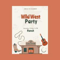 vlak stijl wild west cowboy partij poster, uitnodiging vector