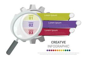 onderwijs infographic met vergroten glas element. presentatie 3 stappen sjabloon ontwerp, kleurrijk vector sjabloon voor presentatie en opleiding.