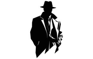 detective logo, silhouet van Mens slijtage hoed en jas vector