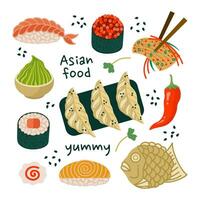 Aziatisch snel voedsel vector set. smakelijk Japans en Koreaans snacks - gyoza, nigiri, sushi maki, kimchi, taiyaki. pittig kruiderijen - Chili peper, wasabi, sesam. vlak tekenfilm clip art voor afdrukken, menu, web