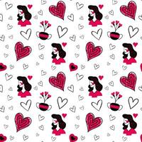 tekening achtergrond met romantisch meisje en harten. Valentijn dag naadloos vector patroon. hand- getrokken liefde elementen.