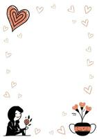 Valentijnsdag dag poster in tekening stijl. minimalistisch liefde kader met meisje hart en bloemen. groet kaart. vector