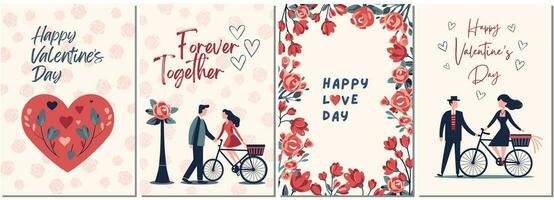 Valentijnsdag dag concept poster in vlak stijl. reeks van liefde dag kaarten. achtergronden met stel, harten, rozen. banier of groet kaart vector